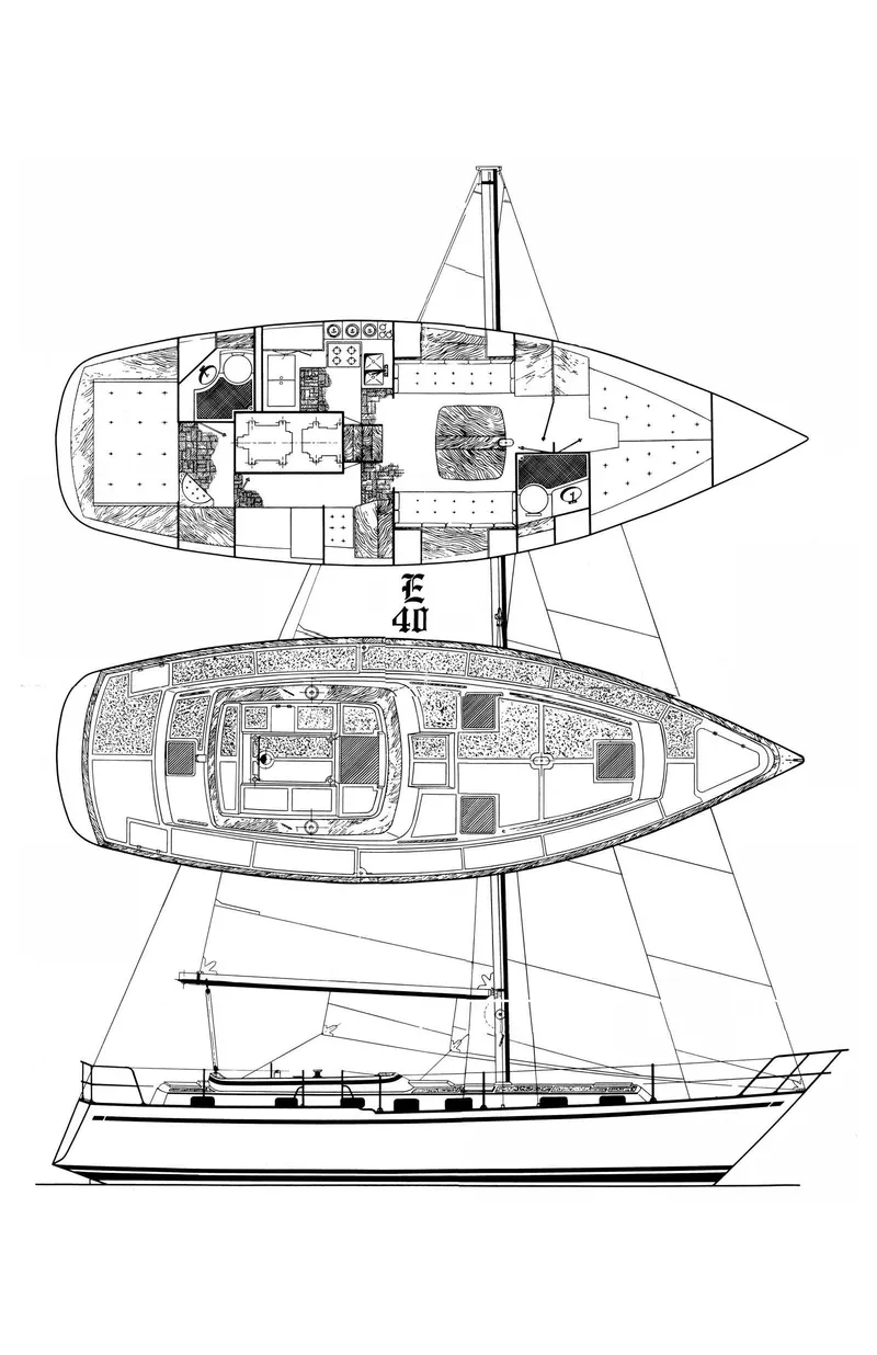 Slide: The Image of Sailboat blueprint of 1981 Endeavour 40, showcasing interior layout and side profile. - 48