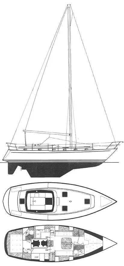 Slide: The Image of Line drawing of a 1981 Endeavour 40 sailboat with deck and interior layout. - 49