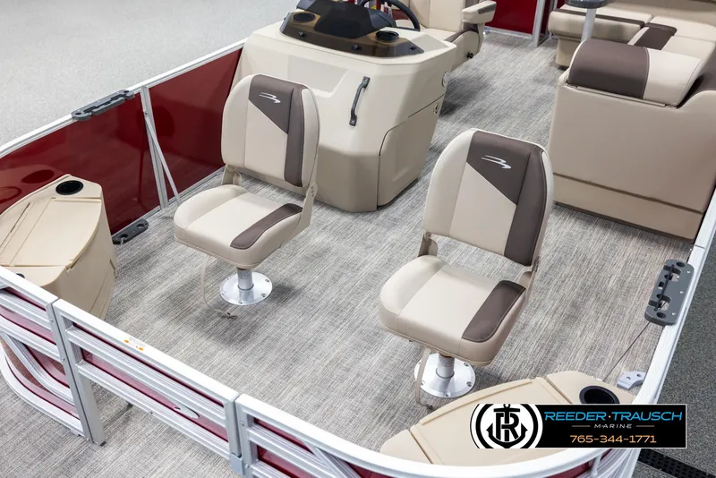 Slide: The Image of 2025 Bennington 188 SSSE pontoon boat interior with beige seating and modern design. - 10