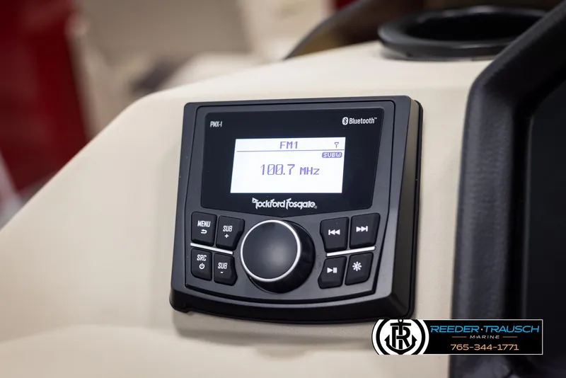 Slide: The Image of Rockford Fosgate Bluetooth stereo on 2025 Bennington 188 SSSE boat dashboard. - 30