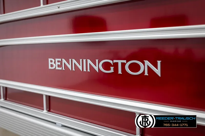Slide: The Image of Close-up of 2025 Bennington 188 SSSE boat logo on red background. - 45
