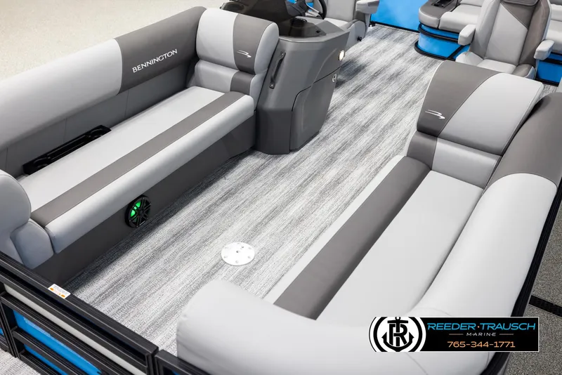 Slide: The Image of Interior of 2025 Bennington 23 SSBSE pontoon boat with gray seating and modern design. - 10