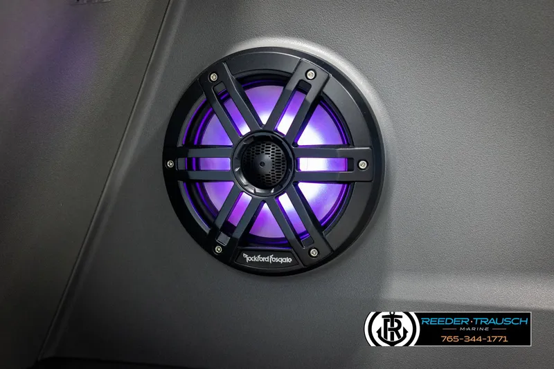 Slide: The Image of Rockford Fosgate speaker with purple LED light on 2025 Bennington 23 SSBSE boat. - 31
