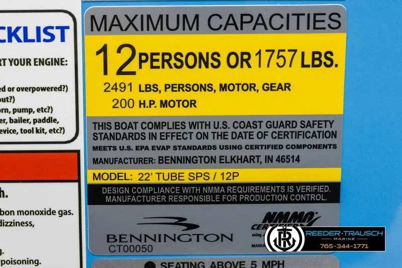 Slide: The Image of 2025 Bennington 23 SSBSE capacity label: 12 persons, 1757 lbs, 200 HP motor compliance. - 47