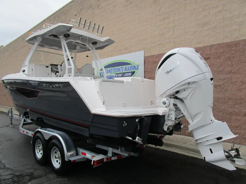 Slide: The Image of 2025 Solara S-250 CW boat on trailer, featuring powerful outboard motor. - 5