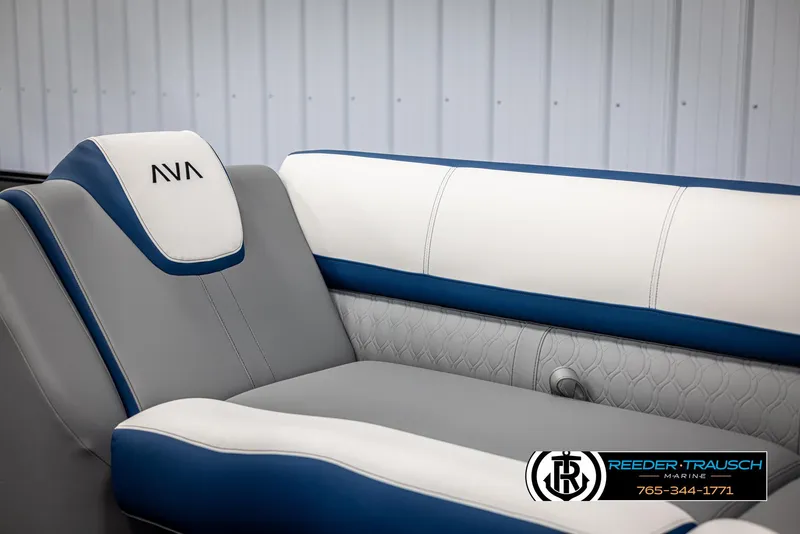 Slide: The Image of 2025 Avalon Catalina QLS boat seat with blue and white upholstery. - 34