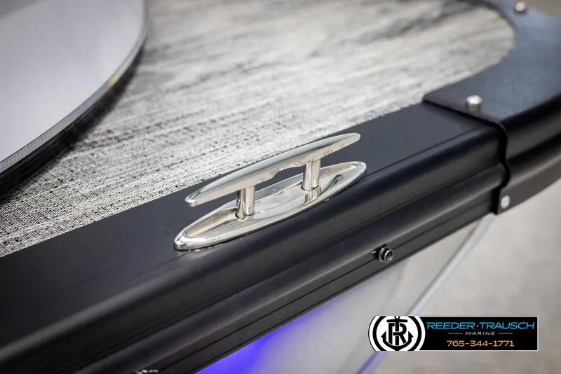 Slide: The Image of 2025 Avalon Catalina QLS boat cleat detail with Reeder-Trausch Marine branding. - 44