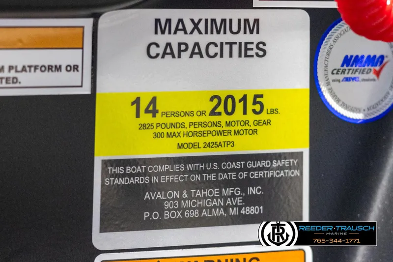 Slide: The Image of Maximum capacity label for 2025 Avalon Catalina QLS boat, 14 persons, 2015 lbs. - 45