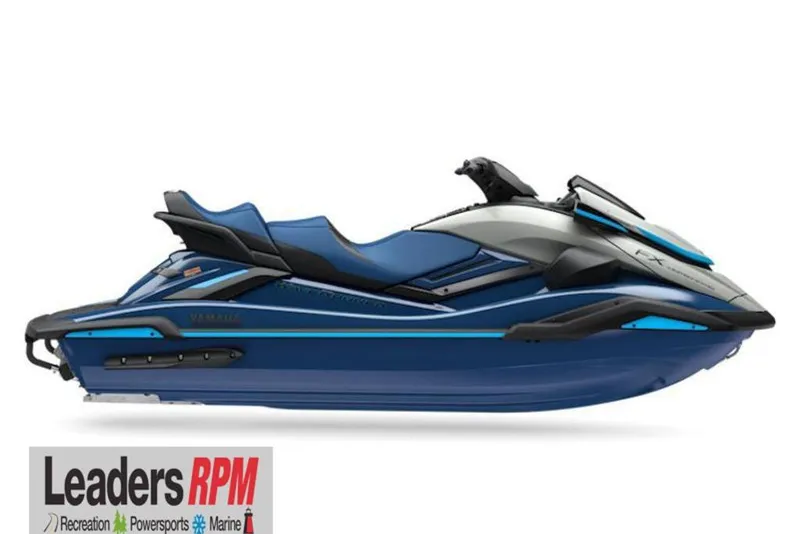Slide: The Image of 2025 Yamaha WaveRunner FX Limited SVHO, blue and gray, side view, Leaders RPM logo. - 31