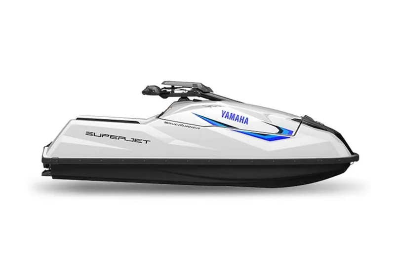 Slide: The Image of 2025 Yamaha WaveRunner SuperJet, sleek white design with blue accents, side view. - 18