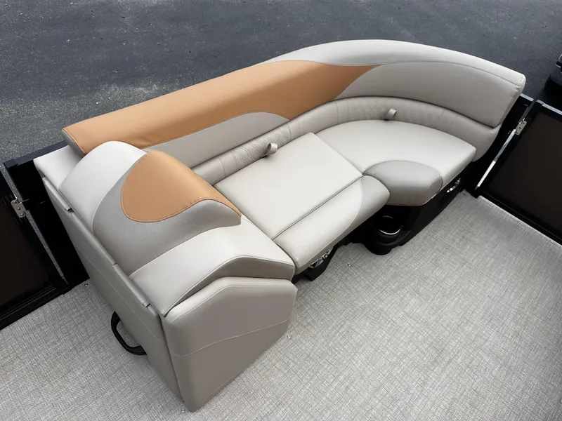 Slide: The Image of 2025 Avalon 2385 LSZ Quad Lounger seating, beige and tan upholstery, high-performance tri-toon boat. - 10