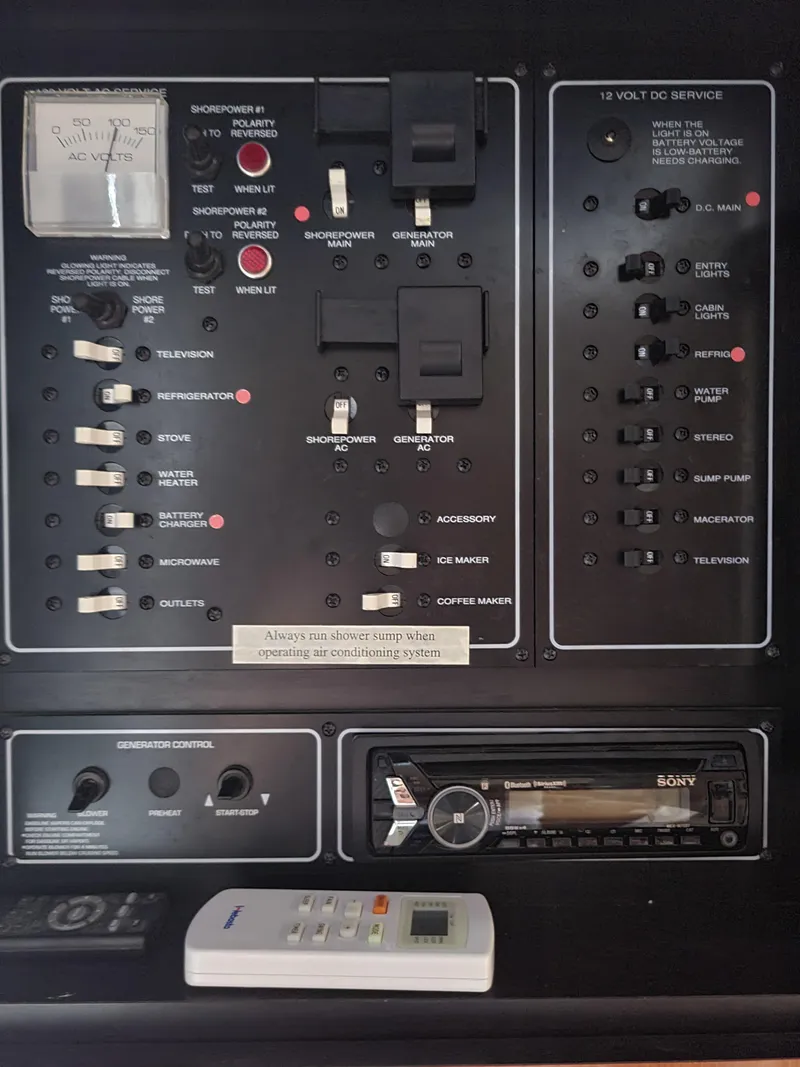 Slide: The Image of Control panel of a 2002 Monterey 322 Cruiser boat with various switches and gauges. - 18