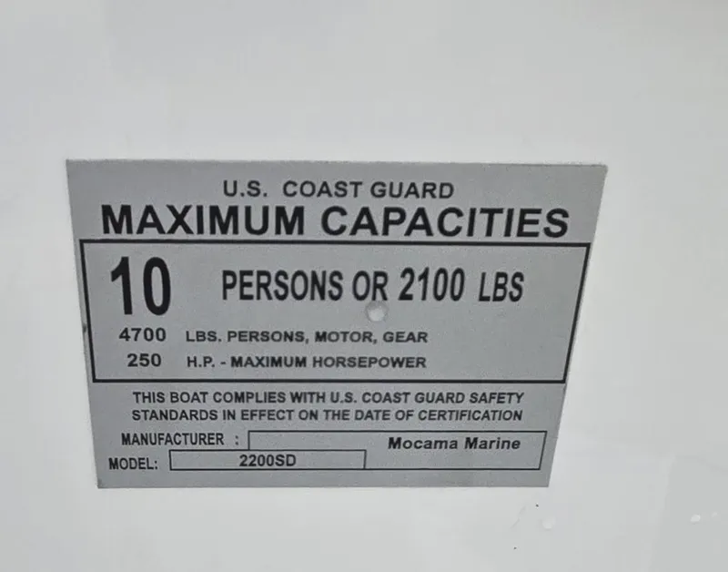 Slide: The Image of SouthWind 2200 SD 2025 capacity label: 10 persons or 2100 lbs, 250 HP max. - 32