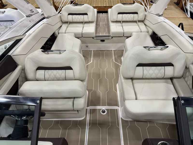 Slide: The Image of Luxurious interior of 2025 Regal LS4 boat with white leather seating and modern design. - 3