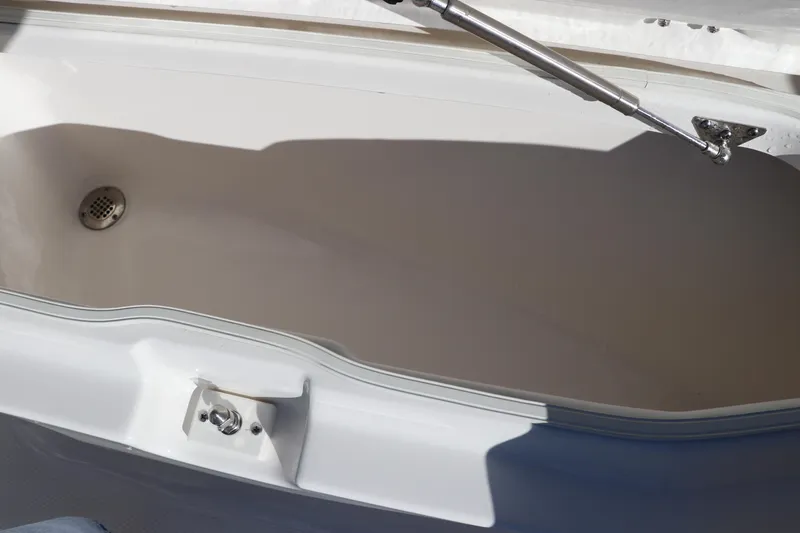 Slide: The Image of 2025 Robalo R200 Center Console storage compartment with hydraulic lift. - 29