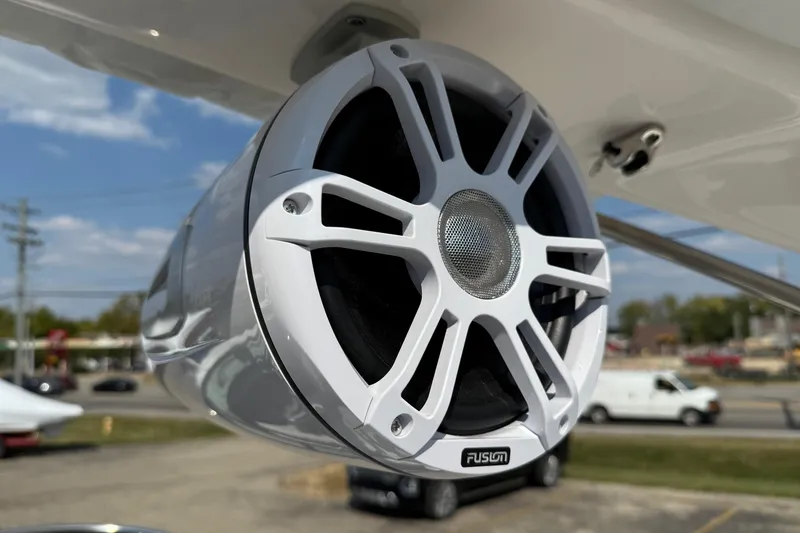 Slide: The Image of Close-up of a Fusion marine speaker on a 2025 Regal LS6 boat. - 19