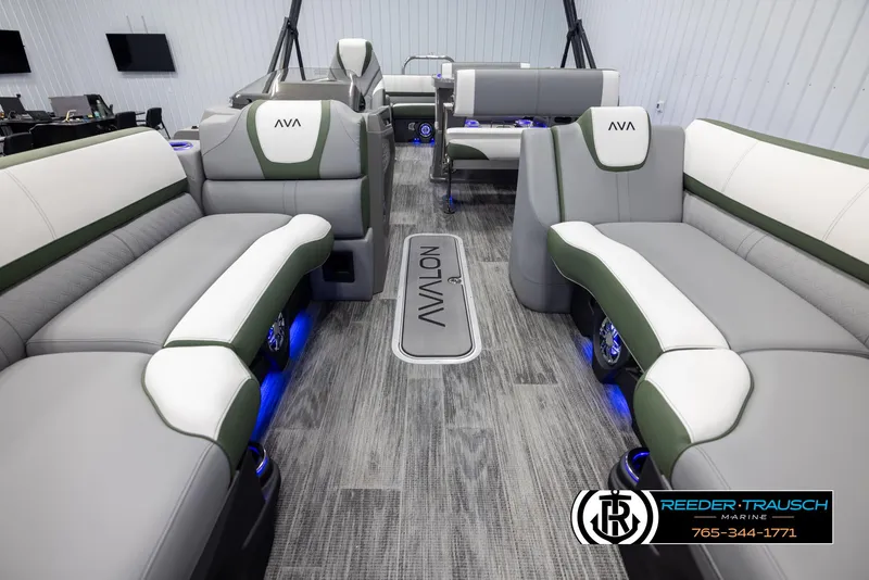 Slide: The Image of 2025 Avalon Catalina Entertainer interior with modern seating and ambient lighting. - 13