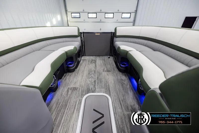 Slide: The Image of 2025 Avalon Catalina Entertainer interior with modern seating and ambient lighting. - 18