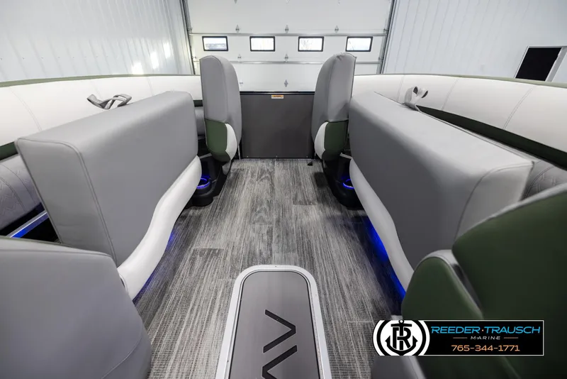 Slide: The Image of 2025 Avalon Catalina Entertainer interior with modern seating and ambient lighting. - 19