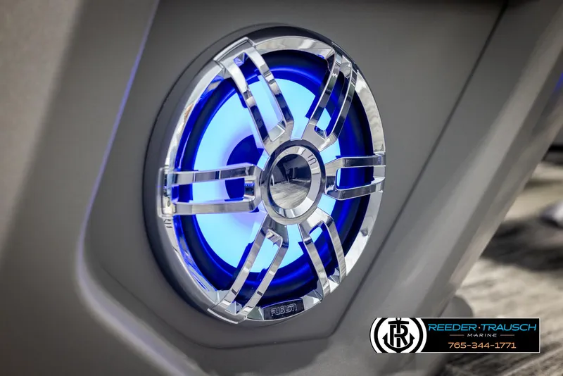 Slide: The Image of Illuminated speaker on 2025 Avalon Catalina Entertainer boat, featuring blue LED lighting. - 34