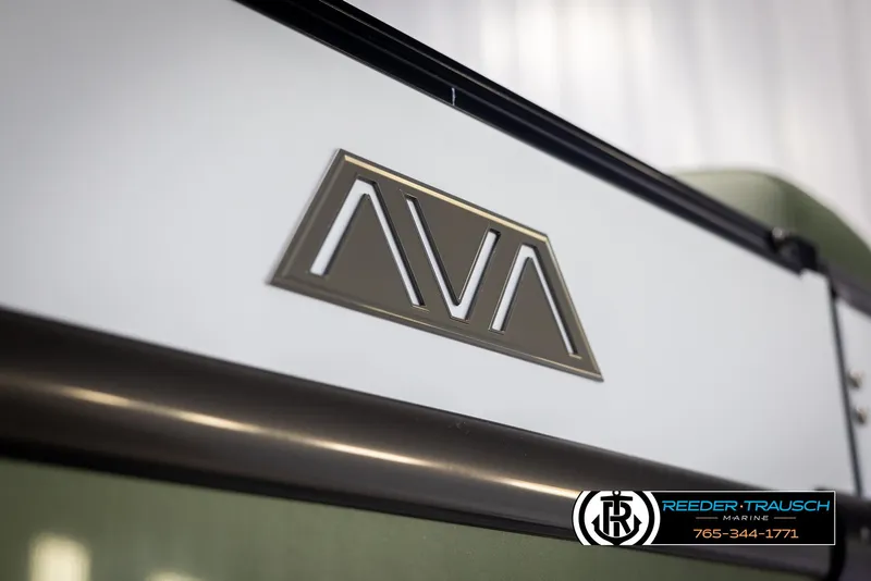 Slide: The Image of 2025 Avalon Catalina Entertainer logo on a sleek surface, Reeder-Trausch Marine branding visible. - 44