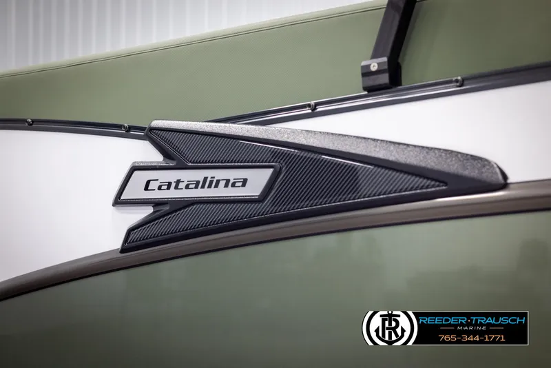 Slide: The Image of 2025 Avalon Catalina Entertainer boat logo with sleek design details. - 46