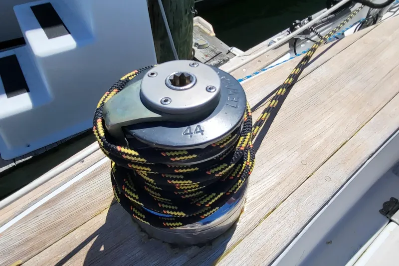 Slide: The Image of Sailboat winch with colorful rope on 1979 Pearson 365 Sloop deck. - 12