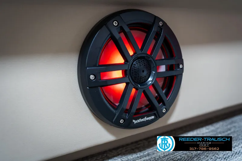 Slide: The Image of Rockford Fosgate speaker with red LED light on 2025 Bennington 21 SLS boat. - 36