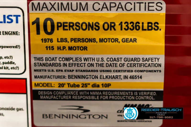 Slide: The Image of Capacity label for 2025 Bennington 21 SLS boat, 10 persons or 1336 lbs. - 48
