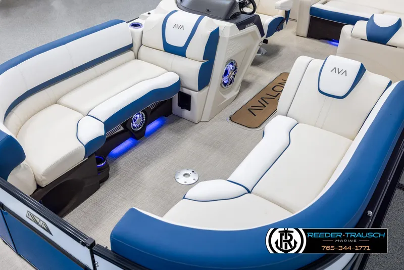 Slide: The Image of Luxurious 2025 Avalon Catalina VRB boat interior with plush seating and ambient lighting. - 10