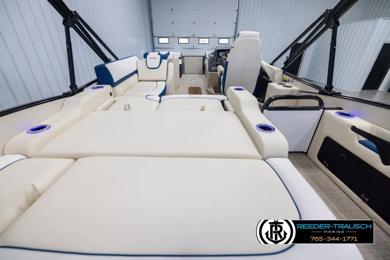 Slide: The Image of 2025 Avalon Catalina VRB boat interior with luxurious seating and modern design. - 16