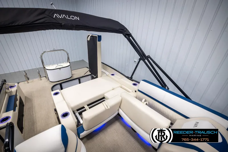 Slide: The Image of 2025 Avalon Catalina VRB boat interior with plush seating and modern design. - 26