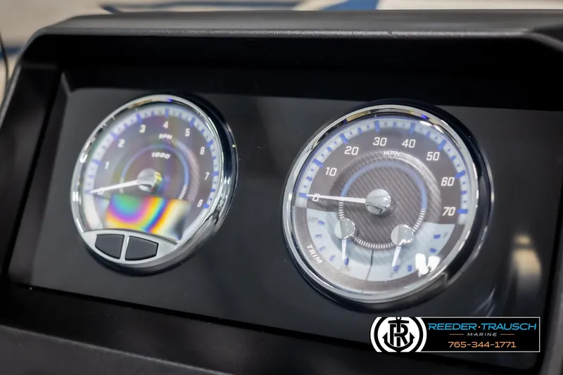 Slide: The Image of Dashboard gauges of 2025 Avalon Catalina VRB boat, showing RPM and speed in MPH. - 33