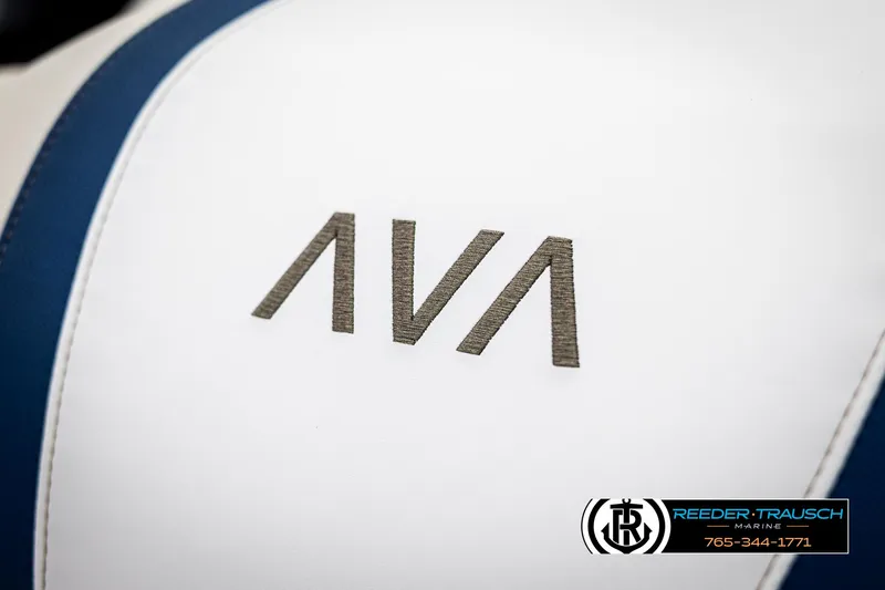 Slide: The Image of 2025 Avalon Catalina VRB logo on white and blue upholstery, Reeder-Trausch Marine branding. - 36