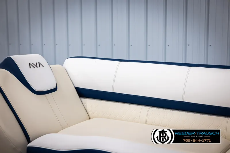 Slide: The Image of 2025 Avalon Catalina VRB boat seating with blue and white upholstery, Reeder-Trausch Marine logo. - 37