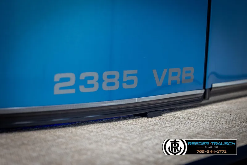 Slide: The Image of 2025 Avalon Catalina VRB boat with "2385 VRB" marking, Reeder-Trausch Marine logo visible. - 43