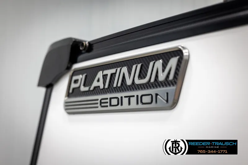 Slide: The Image of 2025 Avalon Catalina VRB Platinum Edition badge, sleek design, Reeder-Trausch Marine logo. - 46