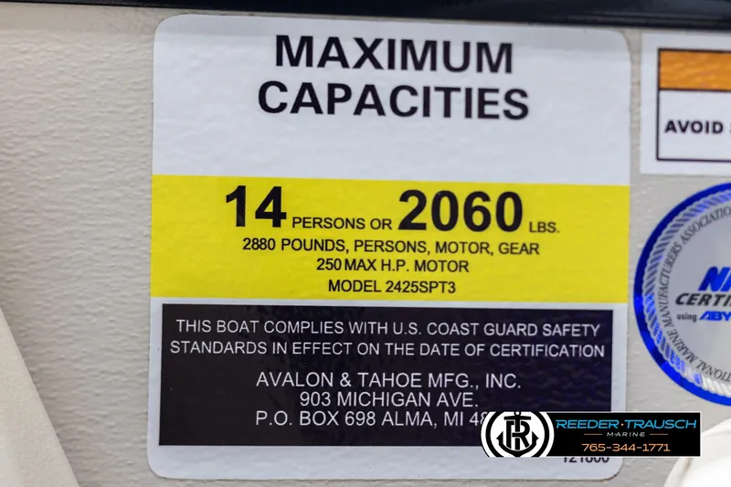 Slide: The Image of 2025 Avalon Catalina VRB capacity label: 14 persons, 2060 lbs, 250 HP motor compliance. - 49
