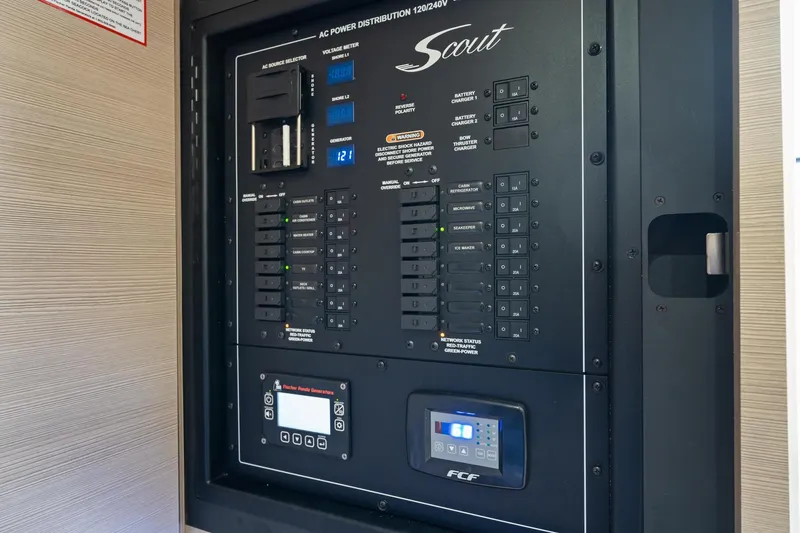 Slide: The Image of 2023 Scout 425 LXF electrical panel with control switches and digital displays. - 38