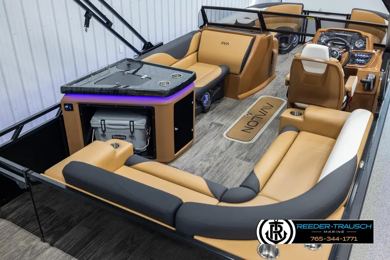 Slide: The Image of 2025 Avalon LSZ EL boat interior with luxury seating and modern amenities. - 12