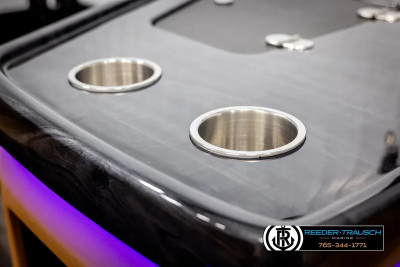 Slide: The Image of 2025 Avalon LSZ EL boat table with cup holders and LED lighting. - 39