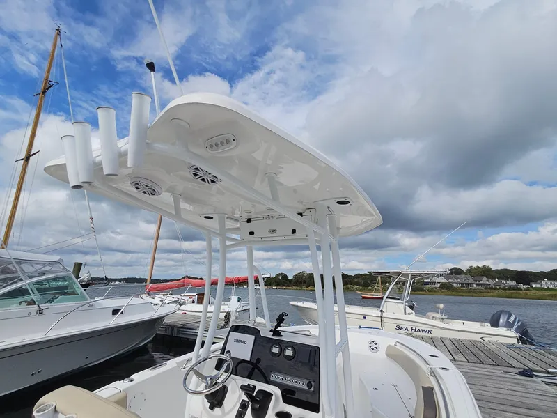 Slide: The Image of 2019 Tidewater 220 LXF boat docked under cloudy sky. - 11