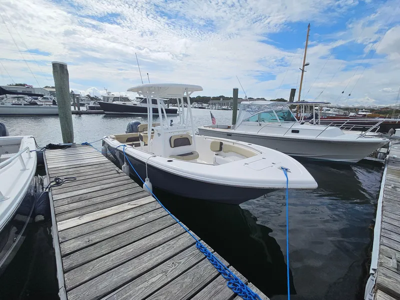 Slide: The Image of 2019 Tidewater 220 LXF boat docked at marina under cloudy sky. - 4