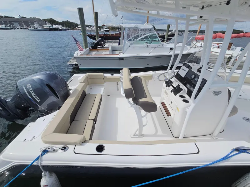 Slide: The Image of 2019 Tidewater 220 LXF boat with Yamaha engine docked at marina. - 5