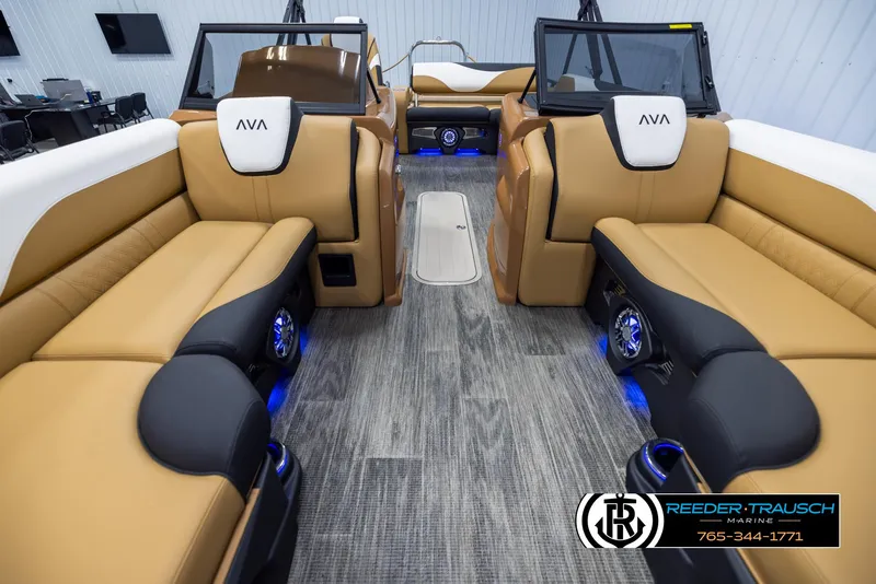 Slide: The Image of Luxurious 2025 Avalon LSZ VRB boat interior with tan seating and modern design. - 13