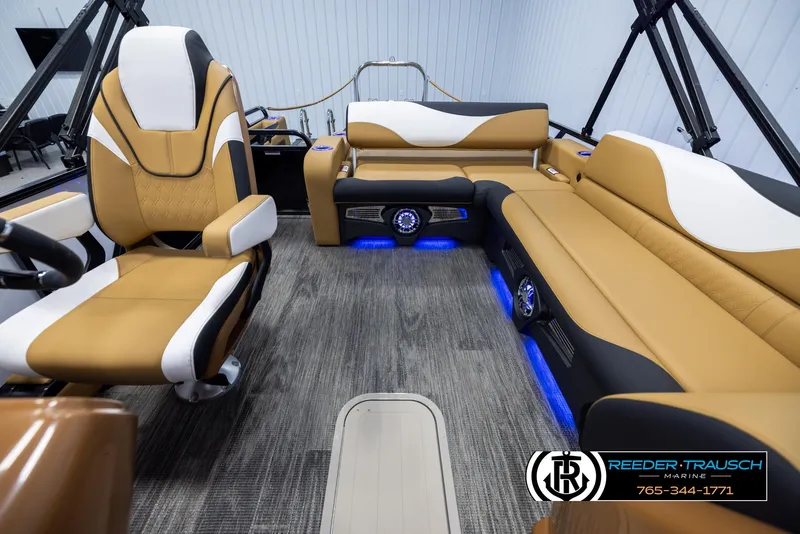 Slide: The Image of Luxurious interior of 2025 Avalon LSZ VRB boat with plush seating and ambient lighting. - 14