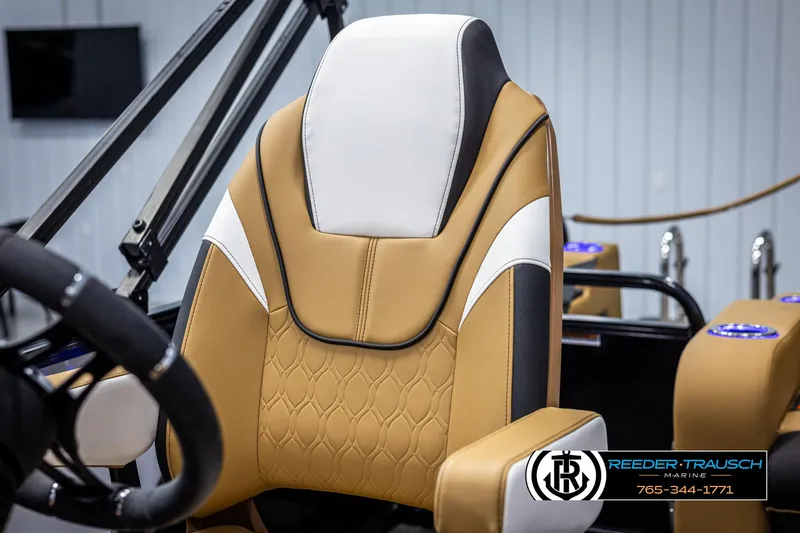 Slide: The Image of Luxurious 2025 Avalon LSZ VRB boat seat with tan and white upholstery. - 36