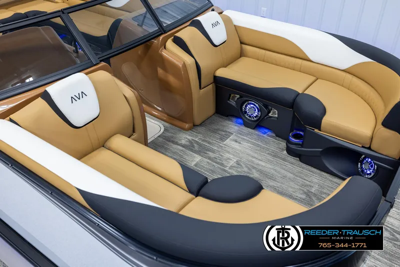Slide: The Image of Luxurious interior of 2025 Avalon LSZ VRB boat with tan and black seating. - 9