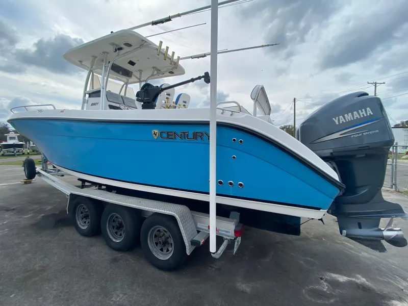 Slide: The Image of 2008 Century 2901 Center Console boat with Yamaha engine on trailer. - 28