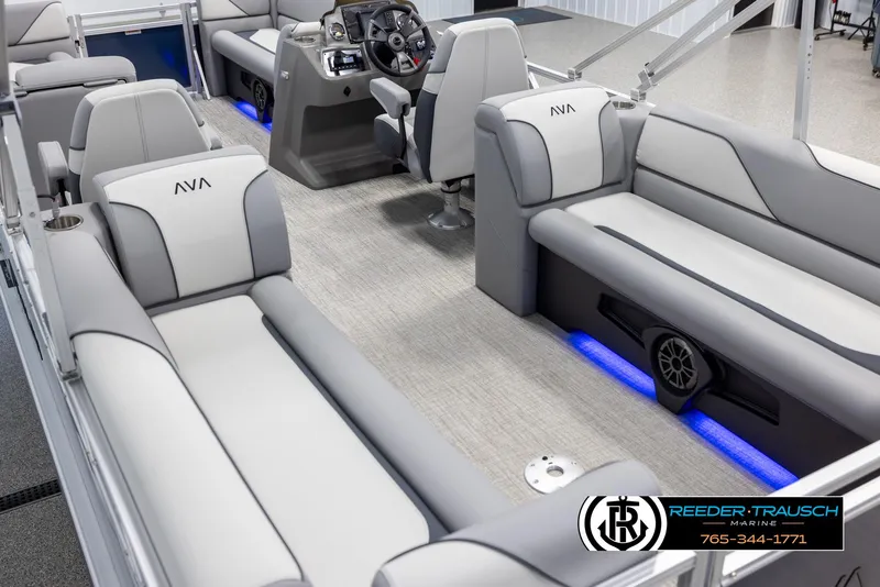 Slide: The Image of 2025 Avalon VEN QL boat interior with modern seating and blue LED lighting. - 11